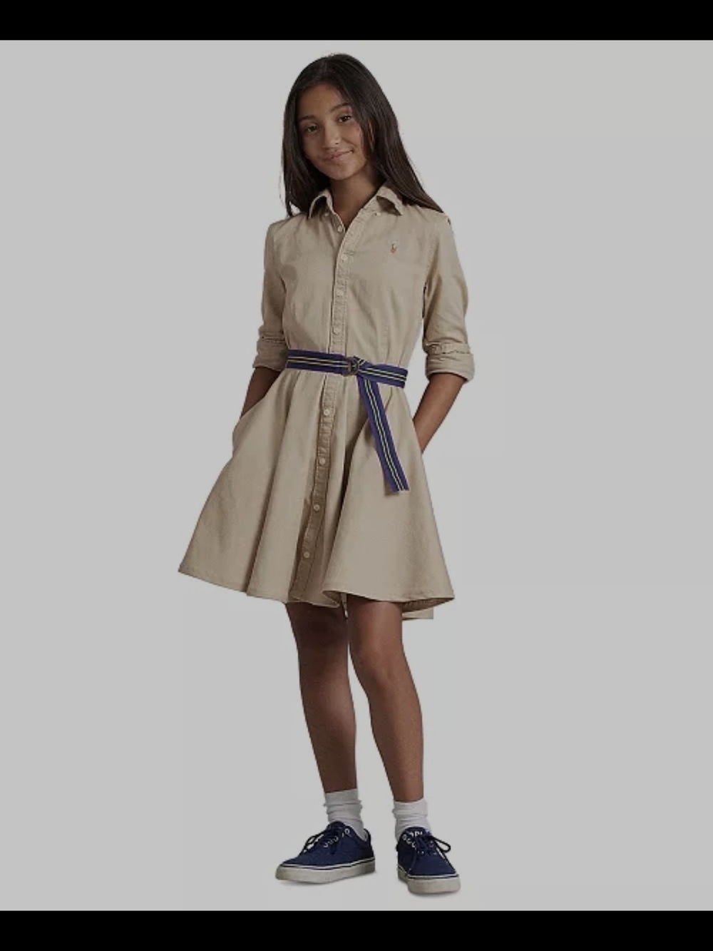 Ralph Lauren Beige Shirt Dress with Striped Belt Sz 16